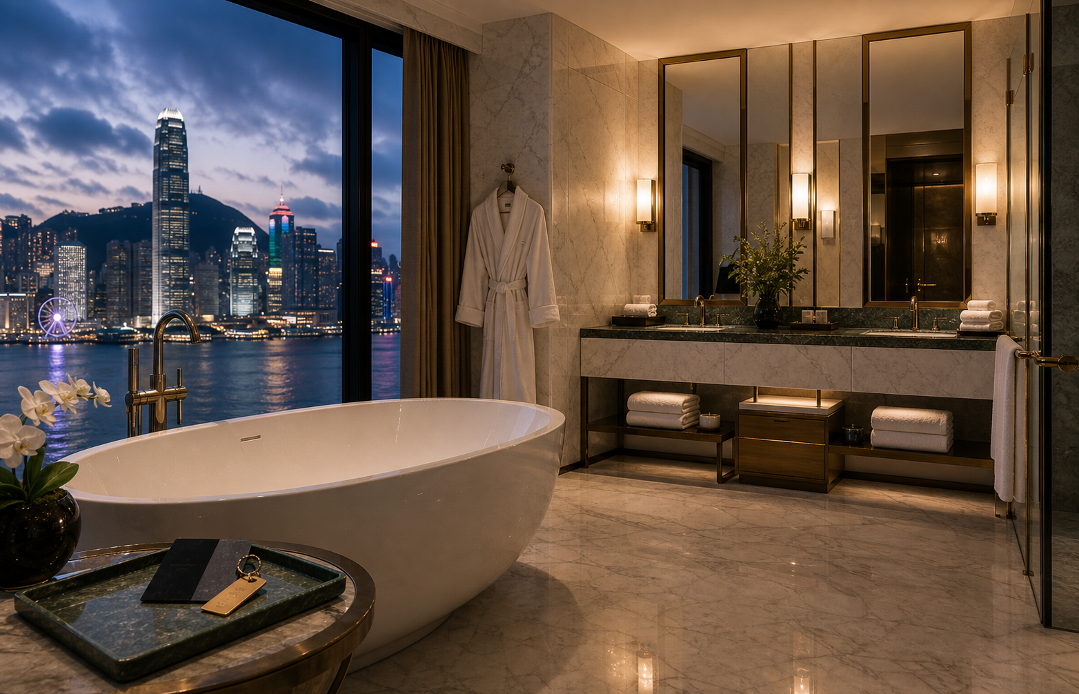 Luxury hotel suite bathroom with a freestanding marble bathtub overlooking Victoria Harbour and the Hong Kong skyline at dusk.