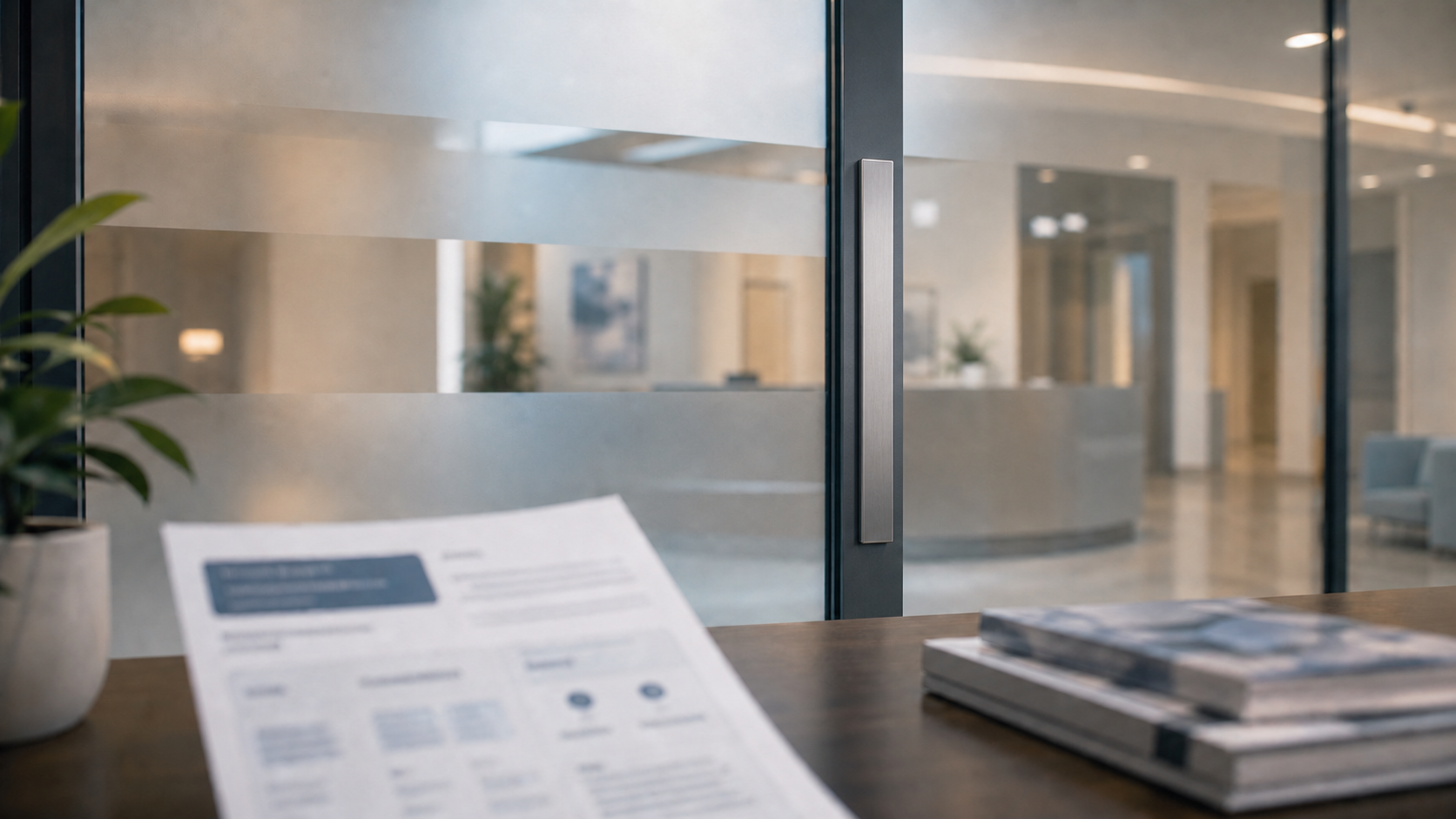 A modern fertility clinic reception seen through a frosted-glass partition, with a printed information sheet and brochures on a desk in the foreground.
