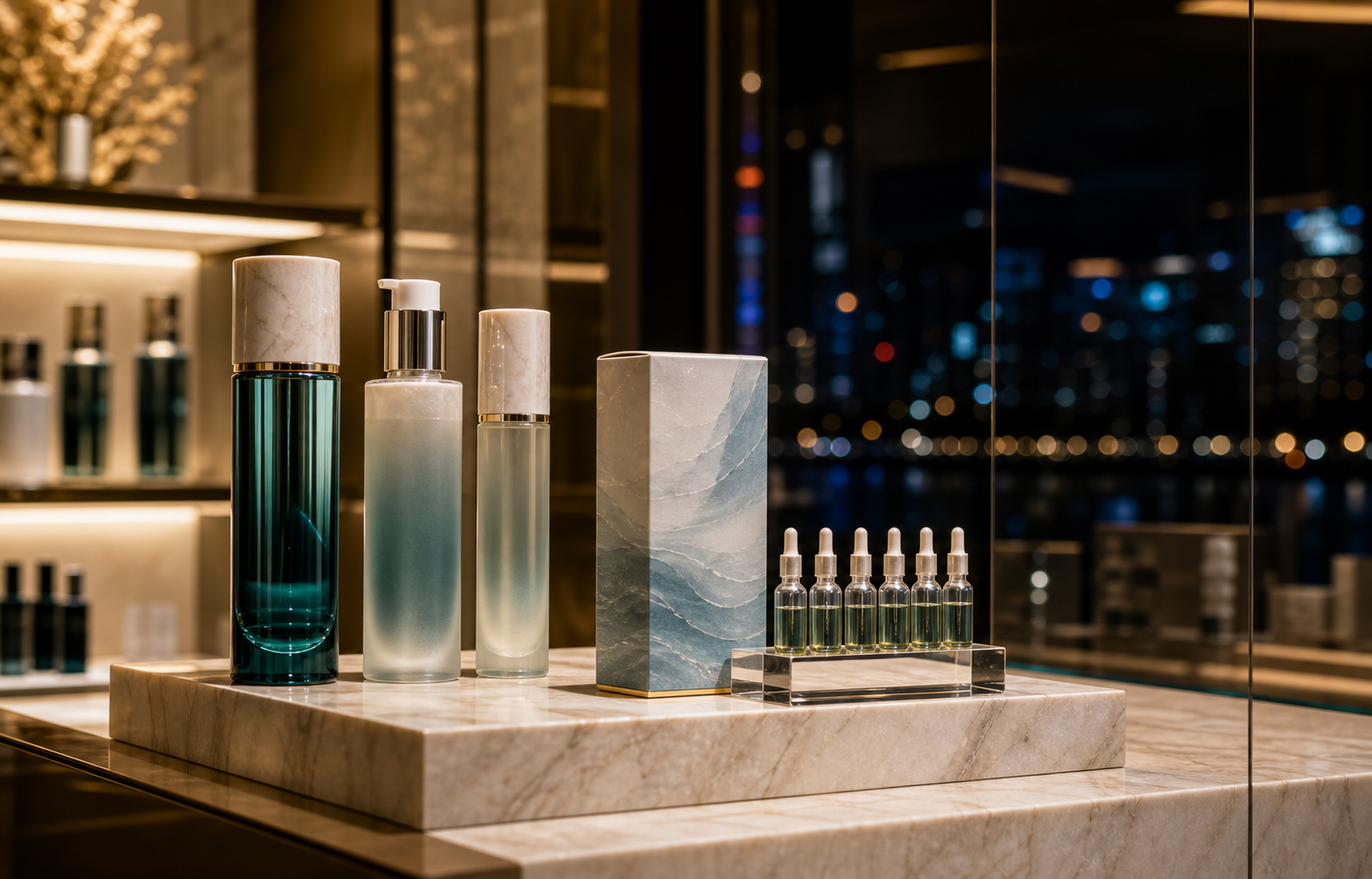 Premium skincare display on a marble plinth behind a glass panel, city skyline at dusk in the background.